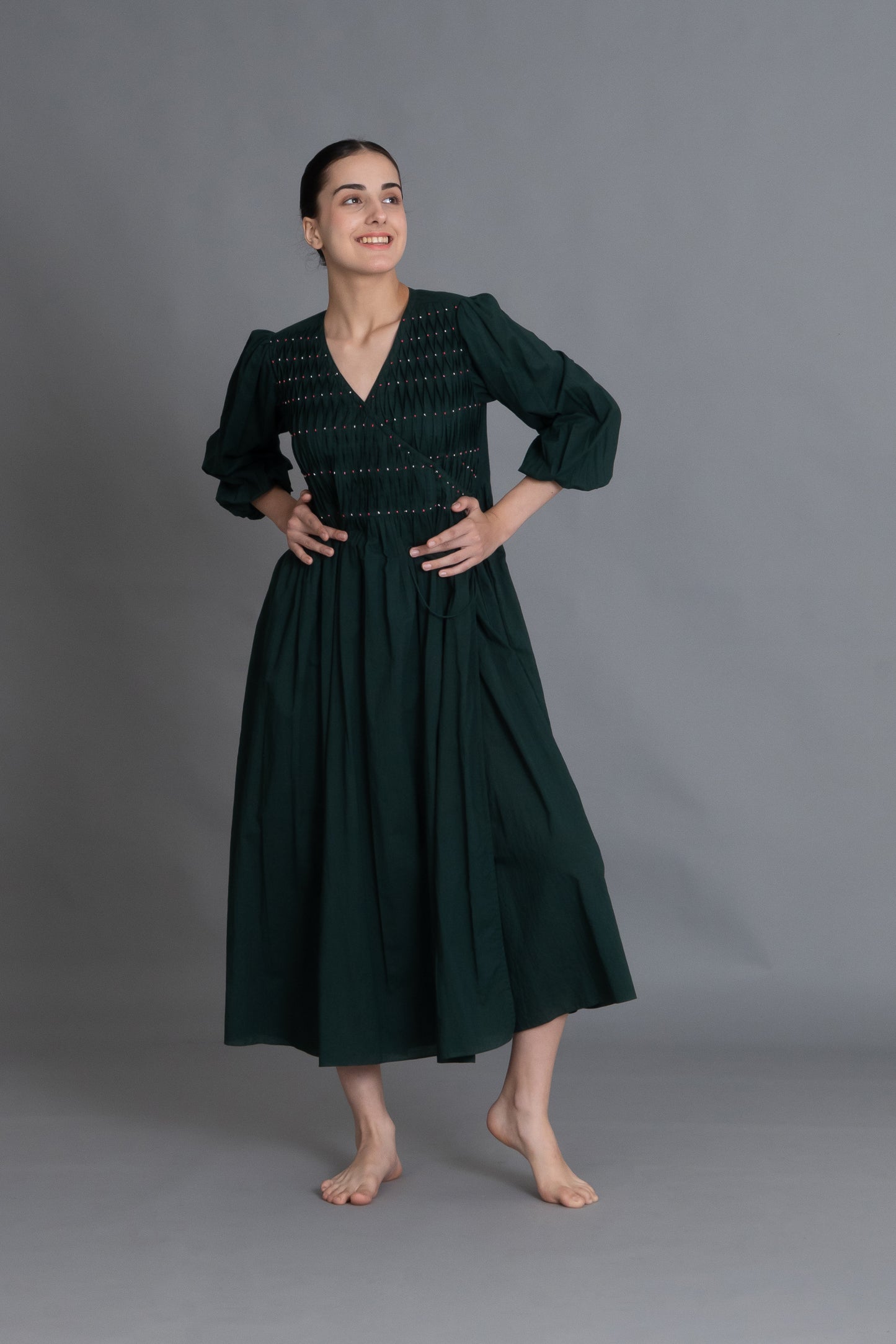 Forest Green Hand-Smocked Dress