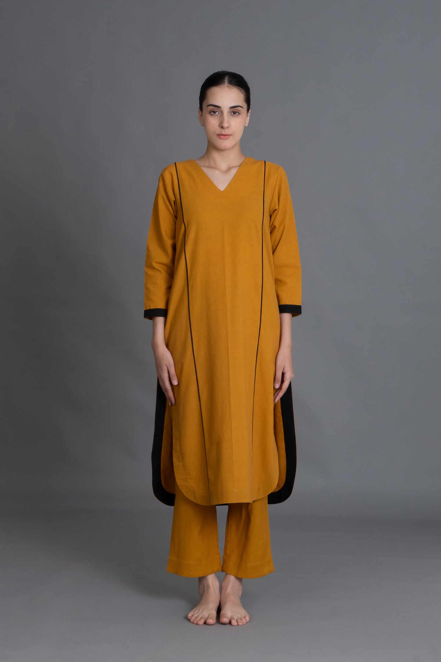 Mustered Cotton V-Neck Dress