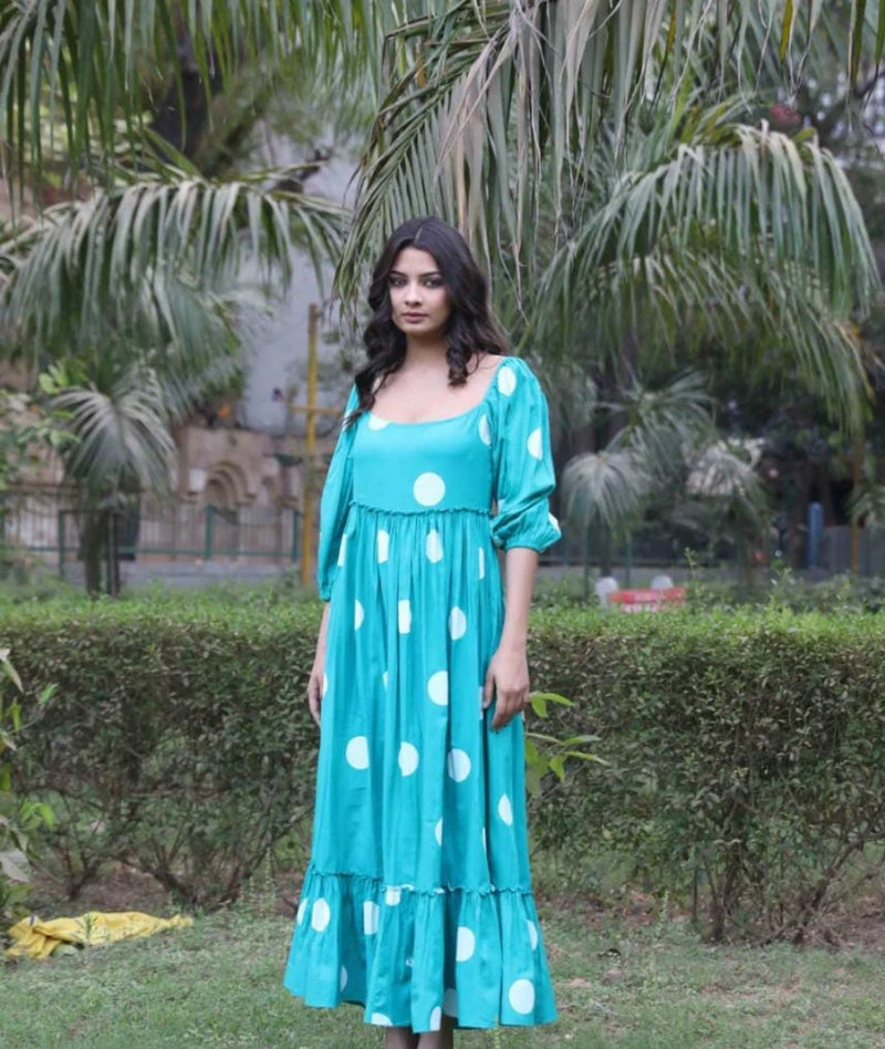 Green Square Neck Bishop Sleeve Dress