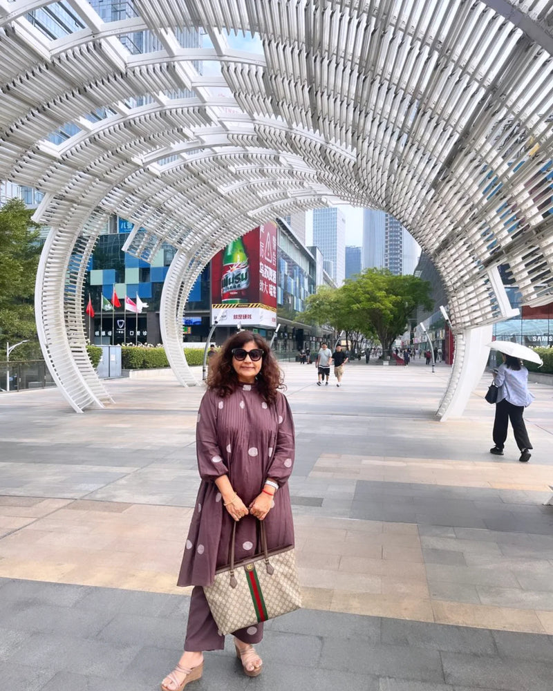 Brown pleated yoke dress