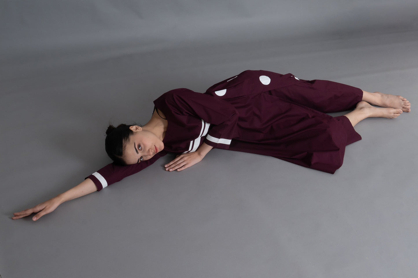 Maroon Polka Pleated Back Dress  Co-ord