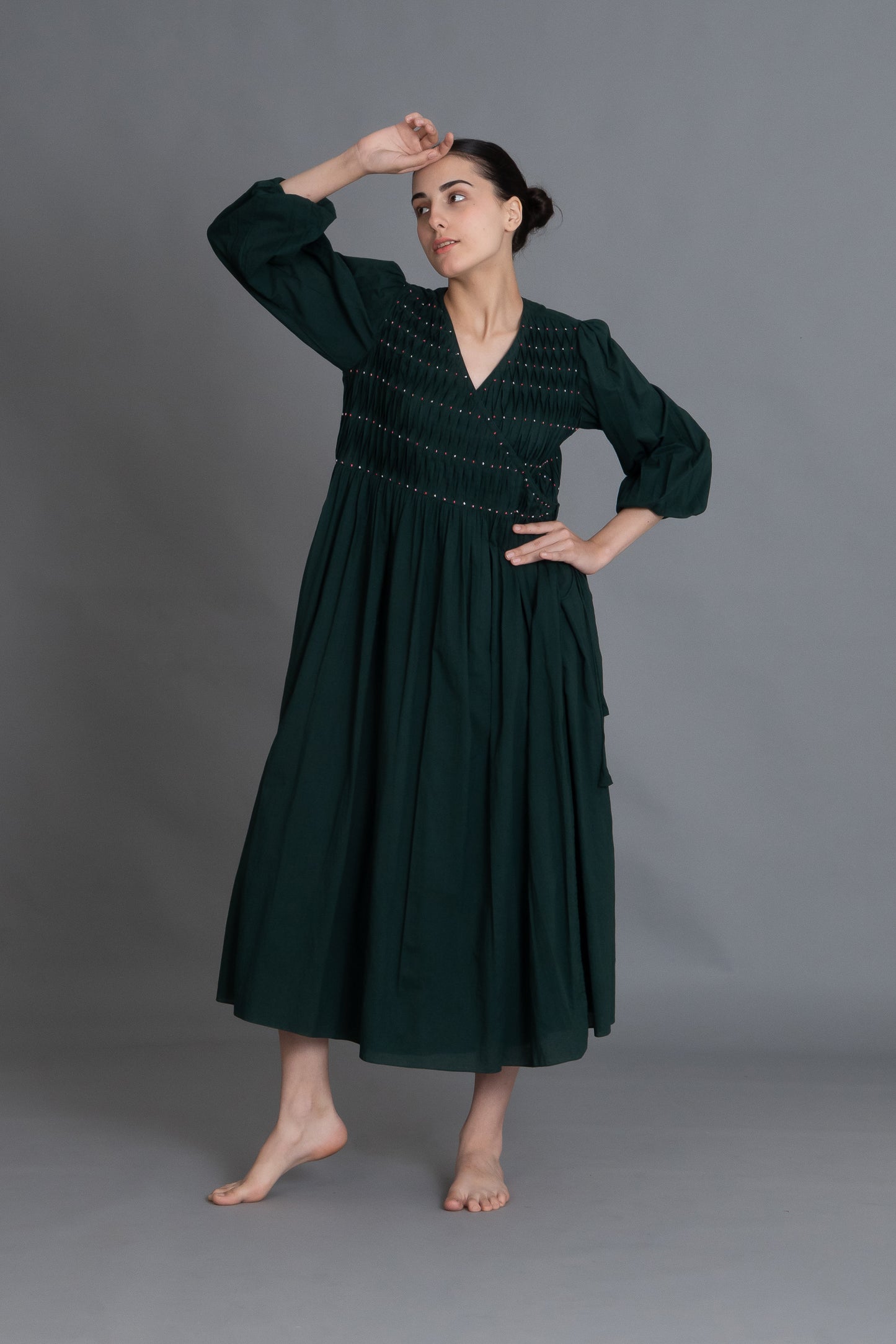 Forest Green Hand-Smocked Dress