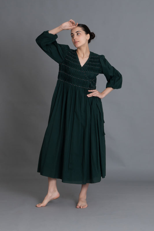 Forest Green Hand-Smocked Dress