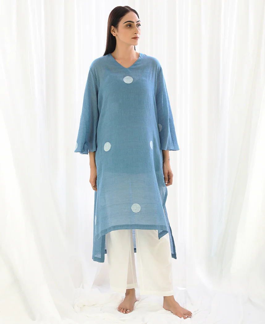 French Blue Wide Sleeve Kurta Set