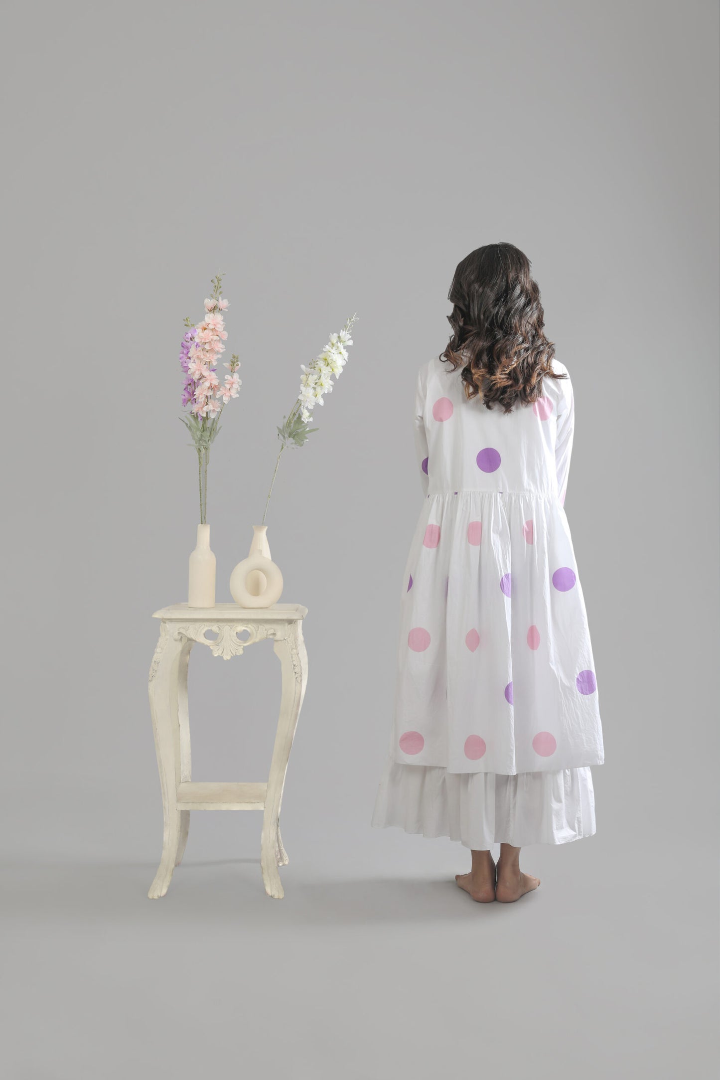 Pink Purple Polka Placket Dress with bottom frill white dress