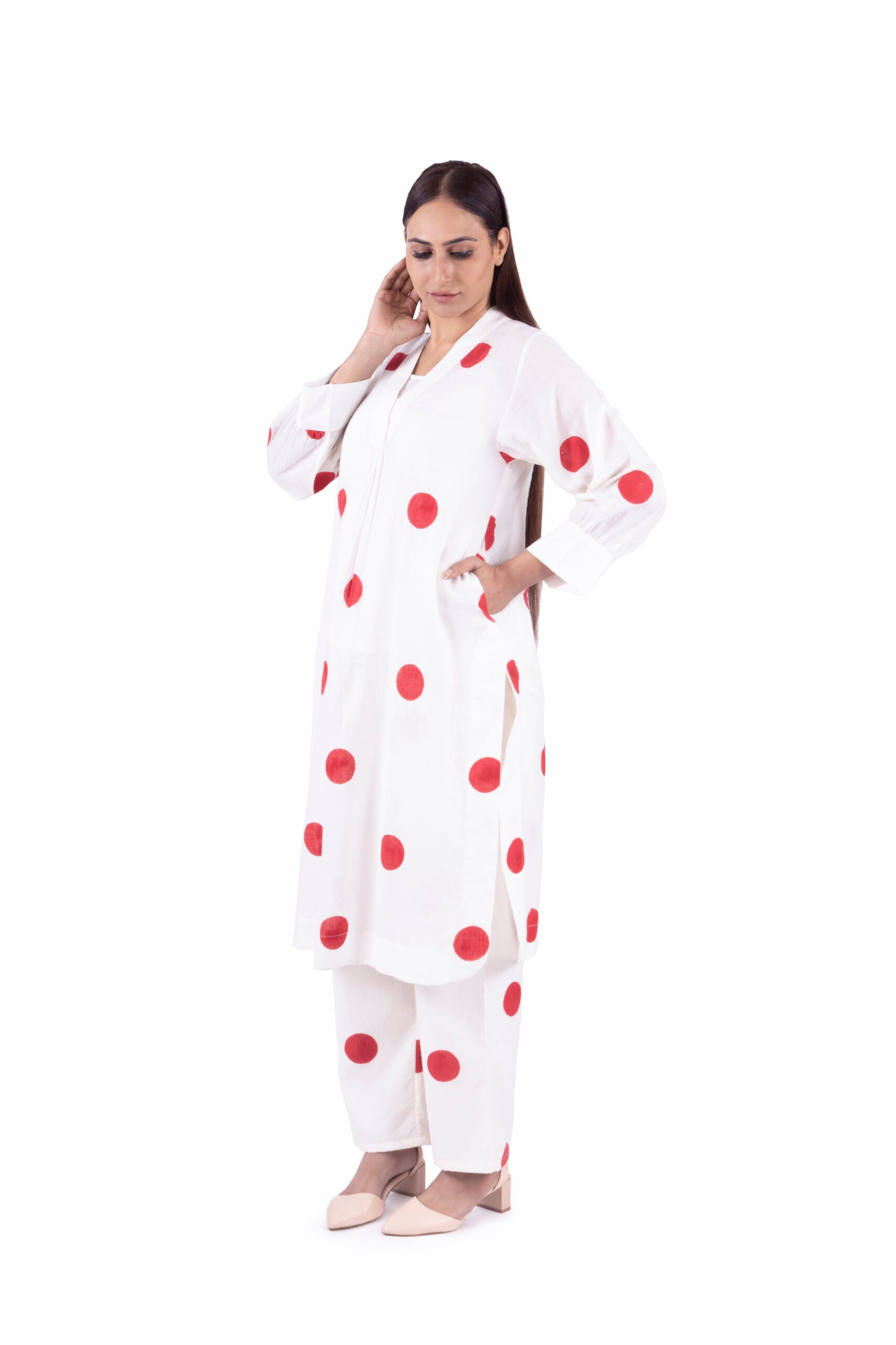 Bright White Red Polka V-Neck Dress Co-ord