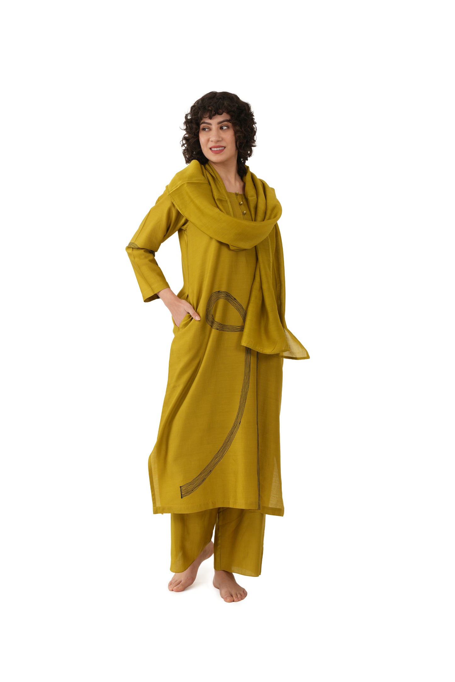 Khat olive Green Embroidery Dress with Bottom  Co-ord