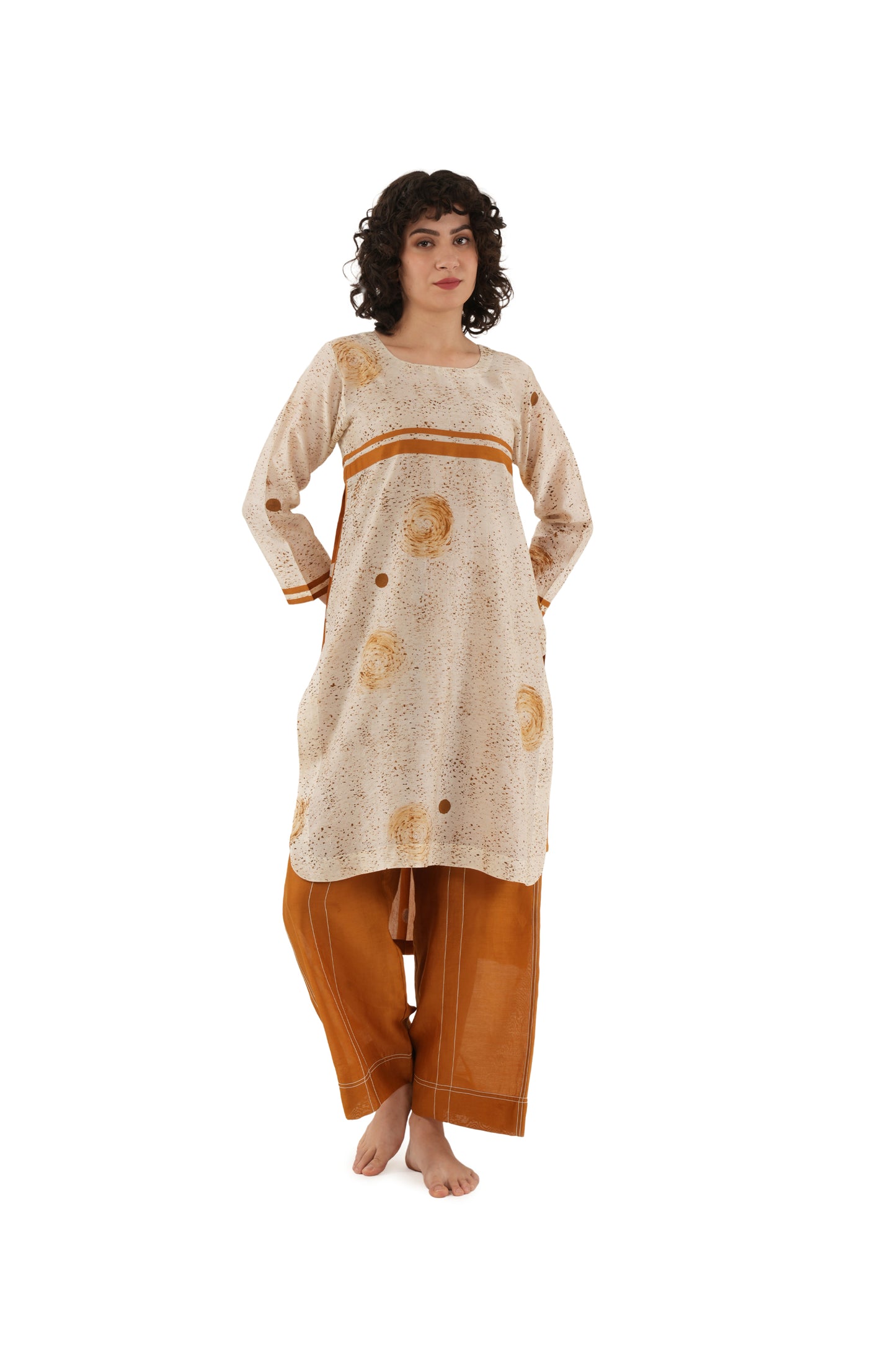 Rust Texcher print Pleated Dress With Bottom