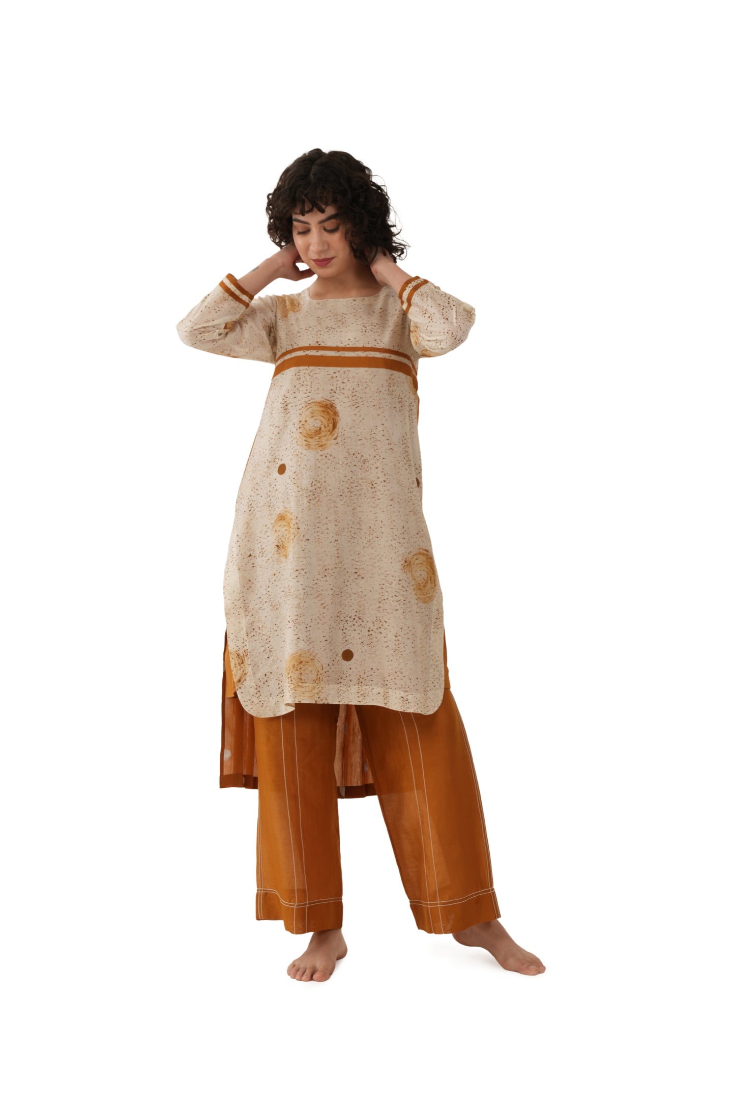 Rust Texcher print Pleated Dress With Bottom