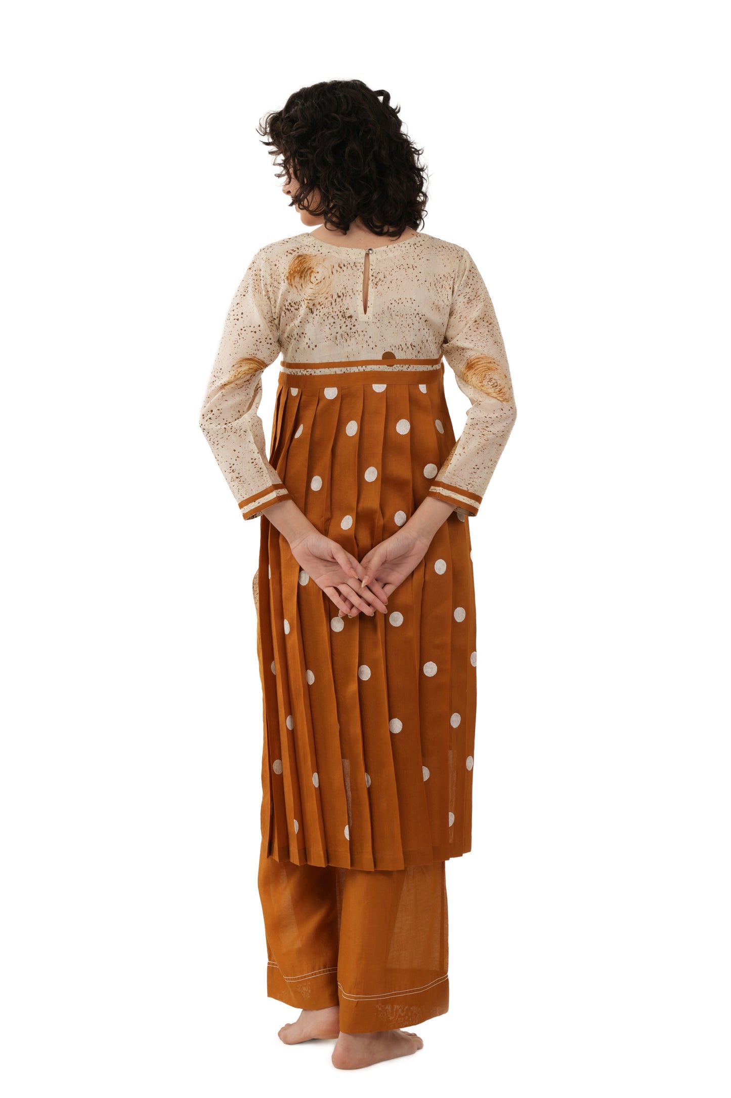 Rust Texcher print Pleated Dress With Bottom