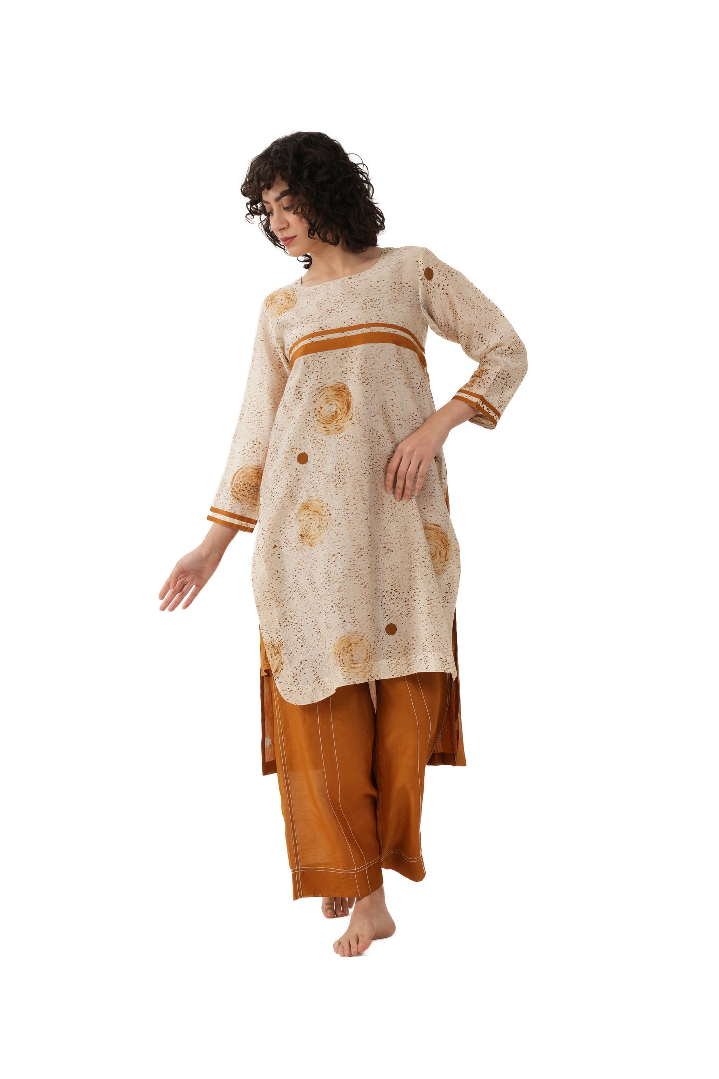 Rust Texcher print Pleated Dress With Bottom