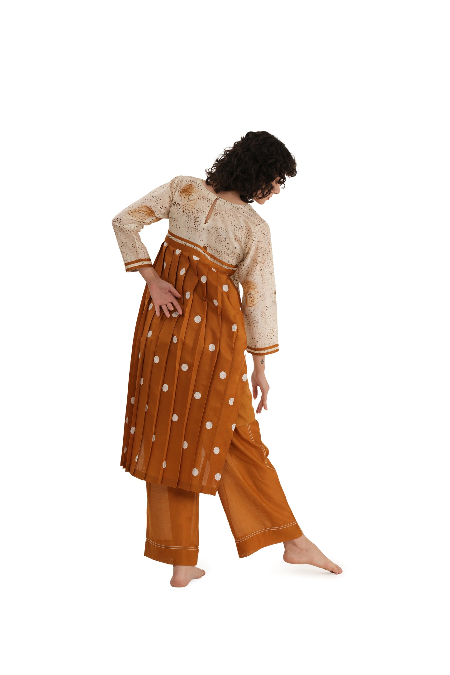 Rust Texcher print Pleated Dress With Bottom