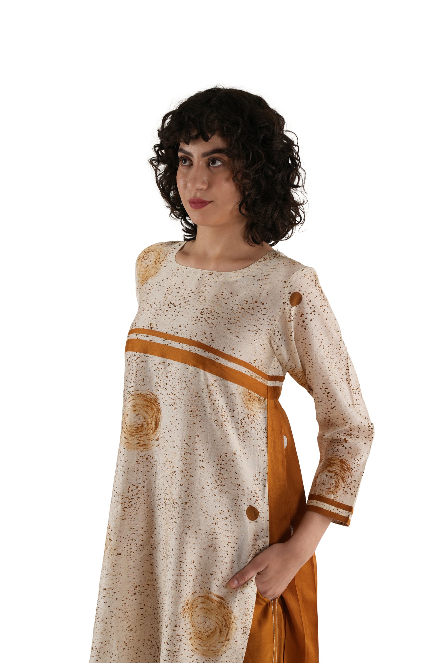 Rust Texcher print Pleated Dress With Bottom