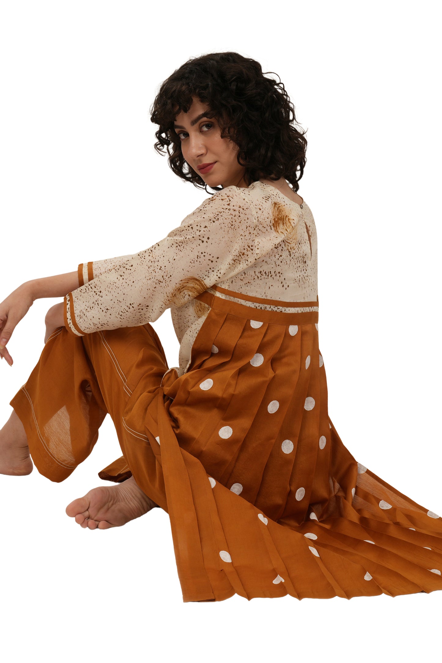 Rust Texcher print Pleated Dress With Bottom