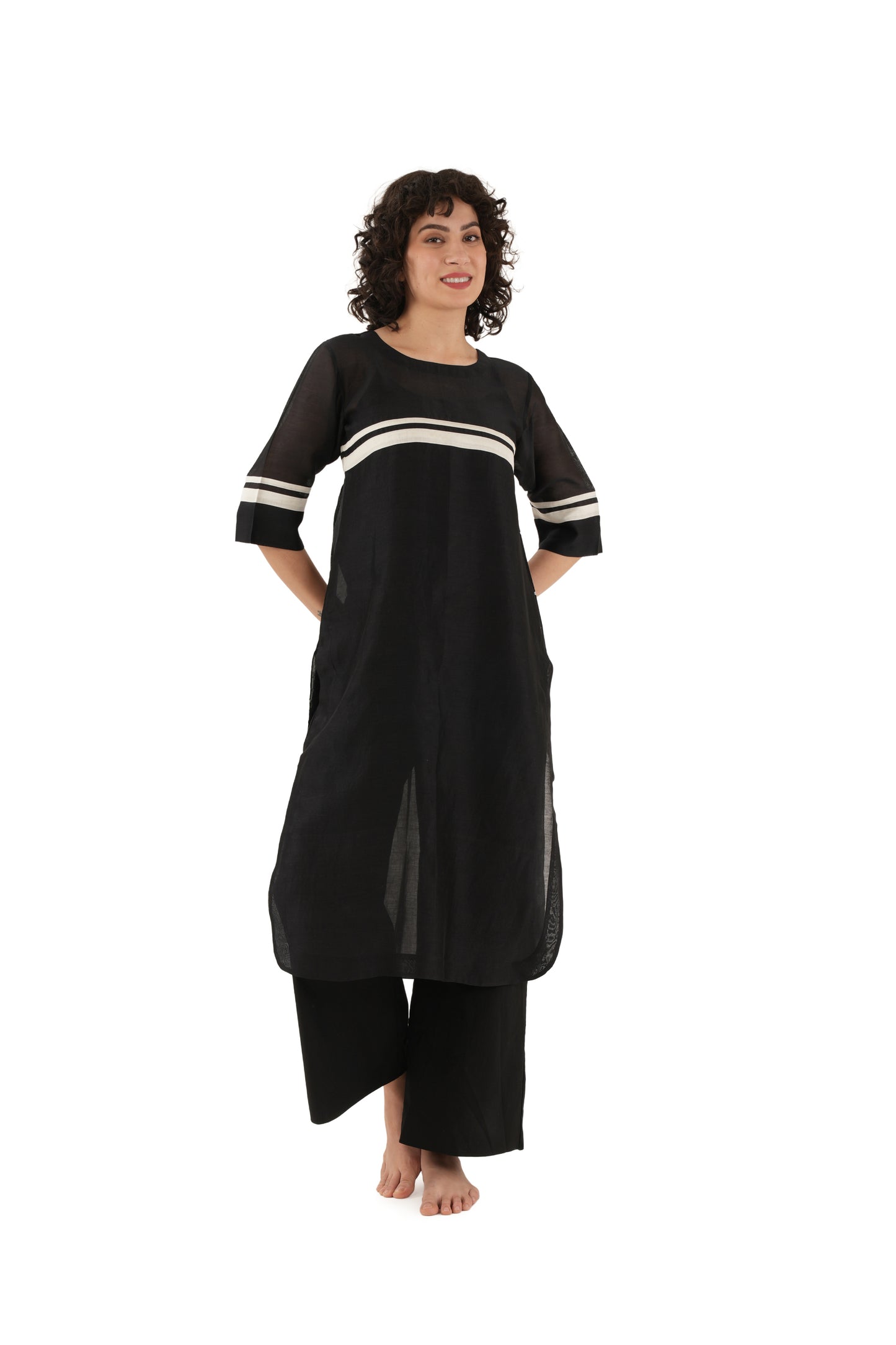 Black Round Neck Pleated Dress Co-ord