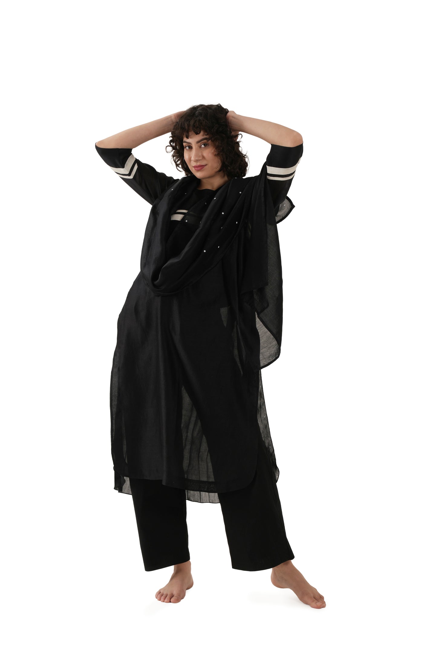 Black Round Neck Pleated Dress Co-ord
