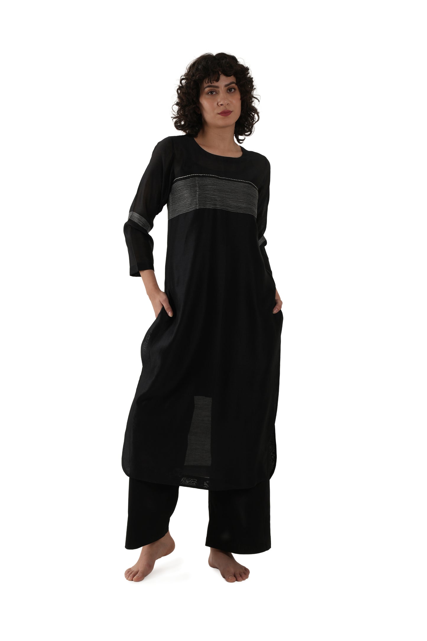Khat Black Embroidery Dress with Bottom