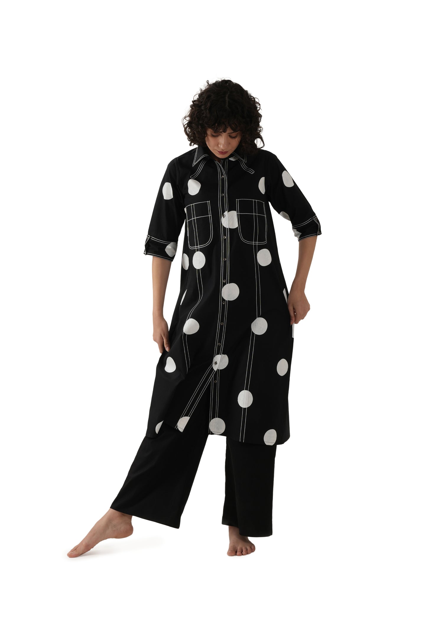 Shirt white Polka Embroidery with Bottom