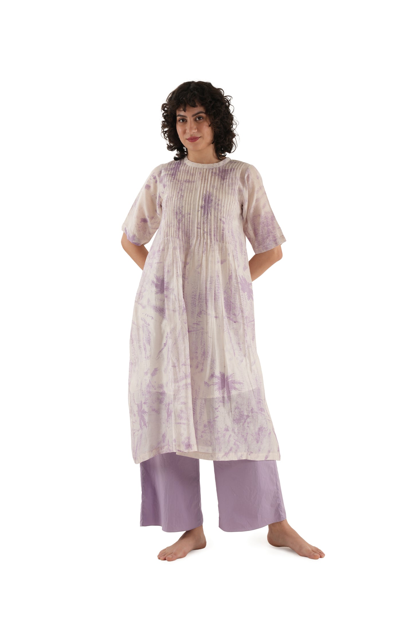 Texcher Print Pintuck Dress With Bottom