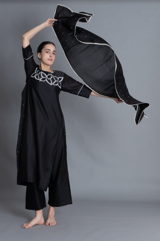 Black Floral Embroidered Pleated Dress Co-ord with Scraff