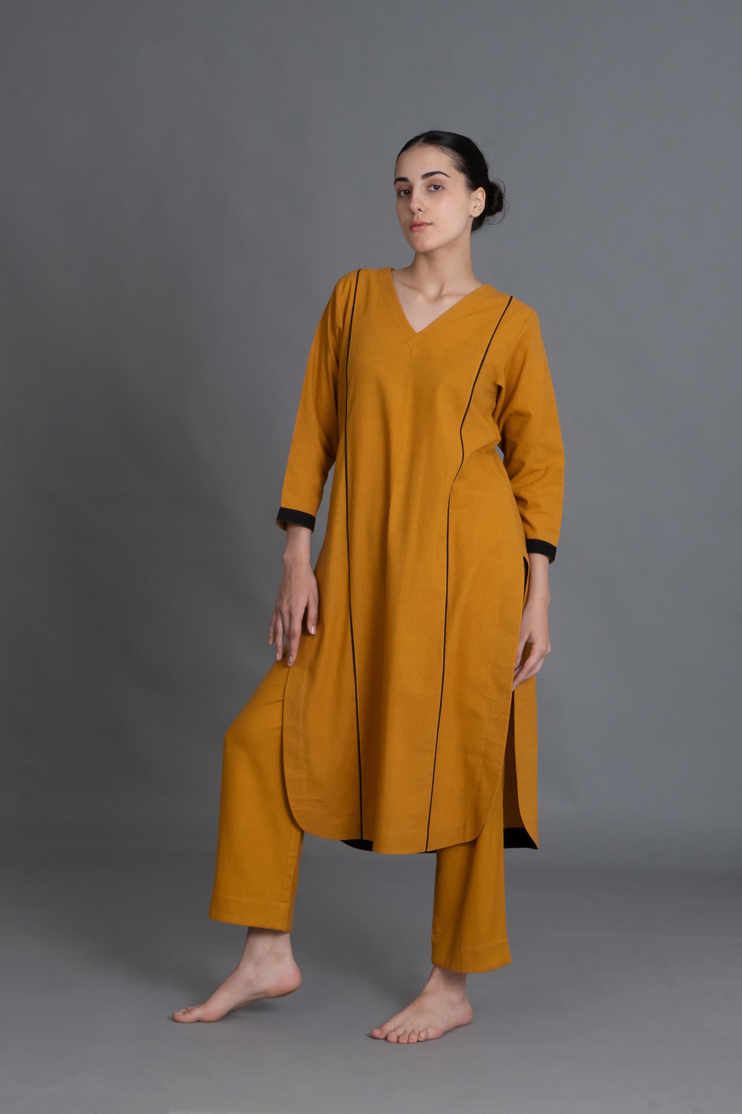 Mustered Cotton V-Neck Dress
