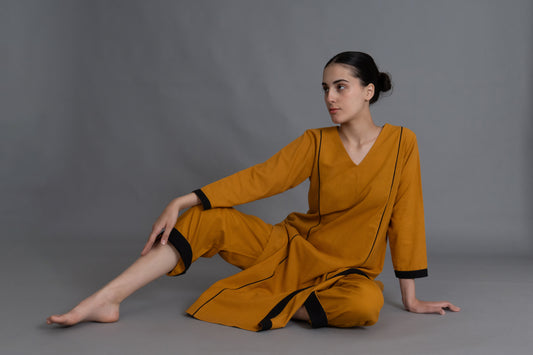 Mustered Cotton V-Neck Dress