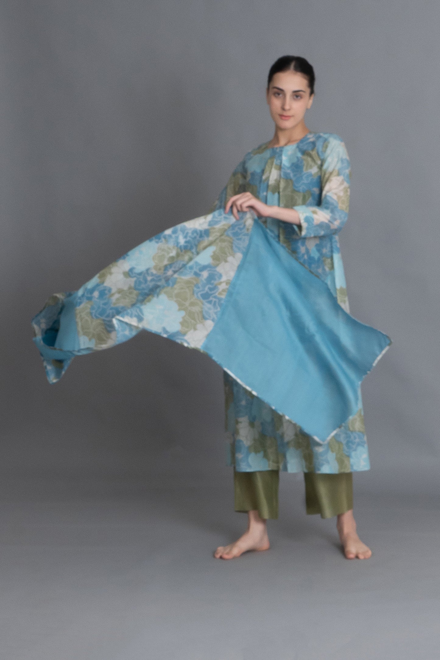 Ocean Blue Floral Print Dress Co-ord with Scraff