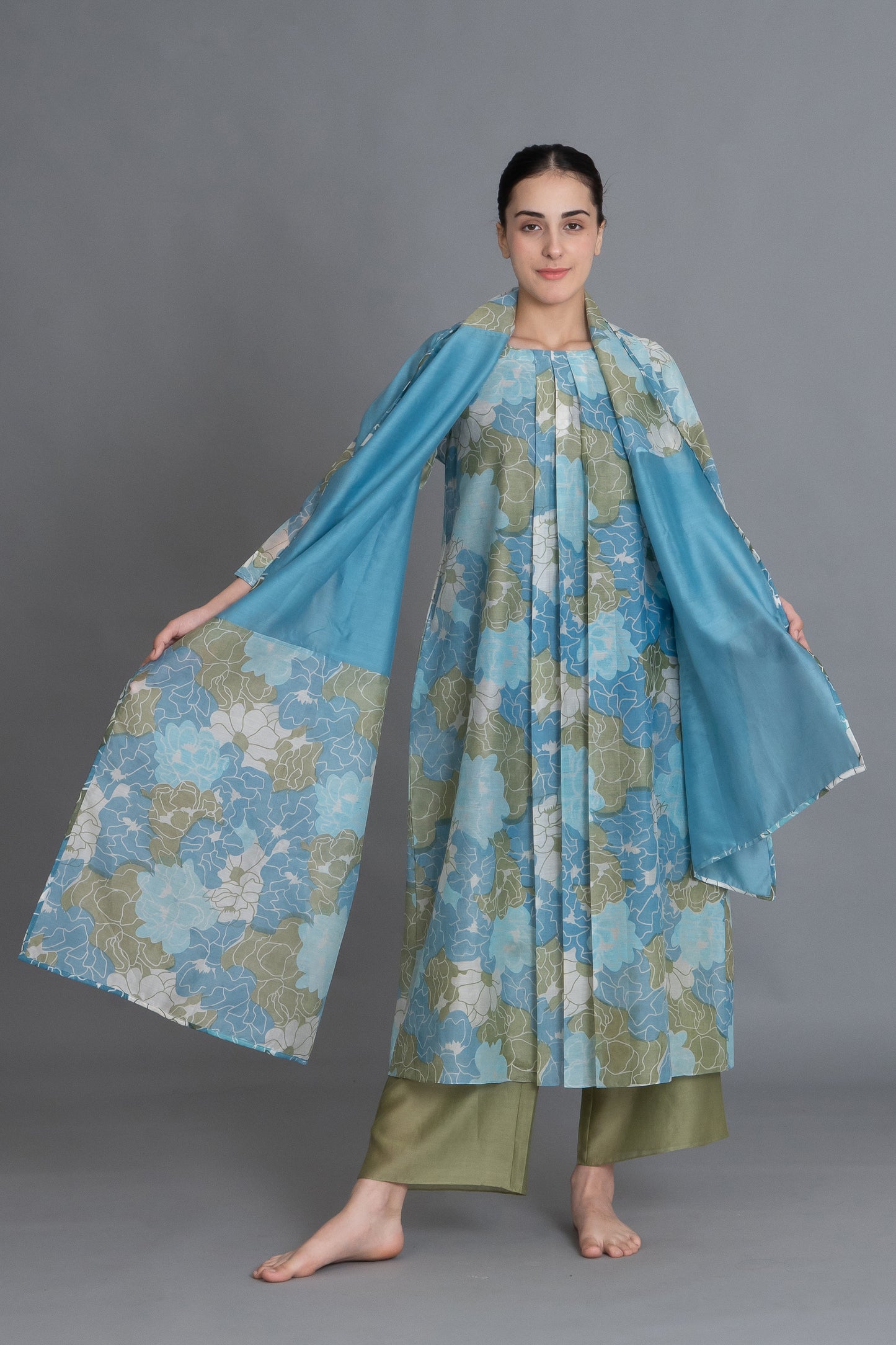 Ocean Blue Floral Print Dress Co-ord with Scraff