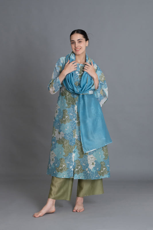 Ocean Blue Floral Print Kurta Co-Ord with scraff