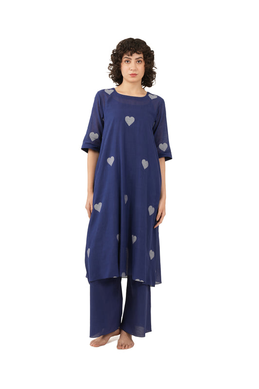 Navy Blue Heart Motif A-line Kurta with Bottom