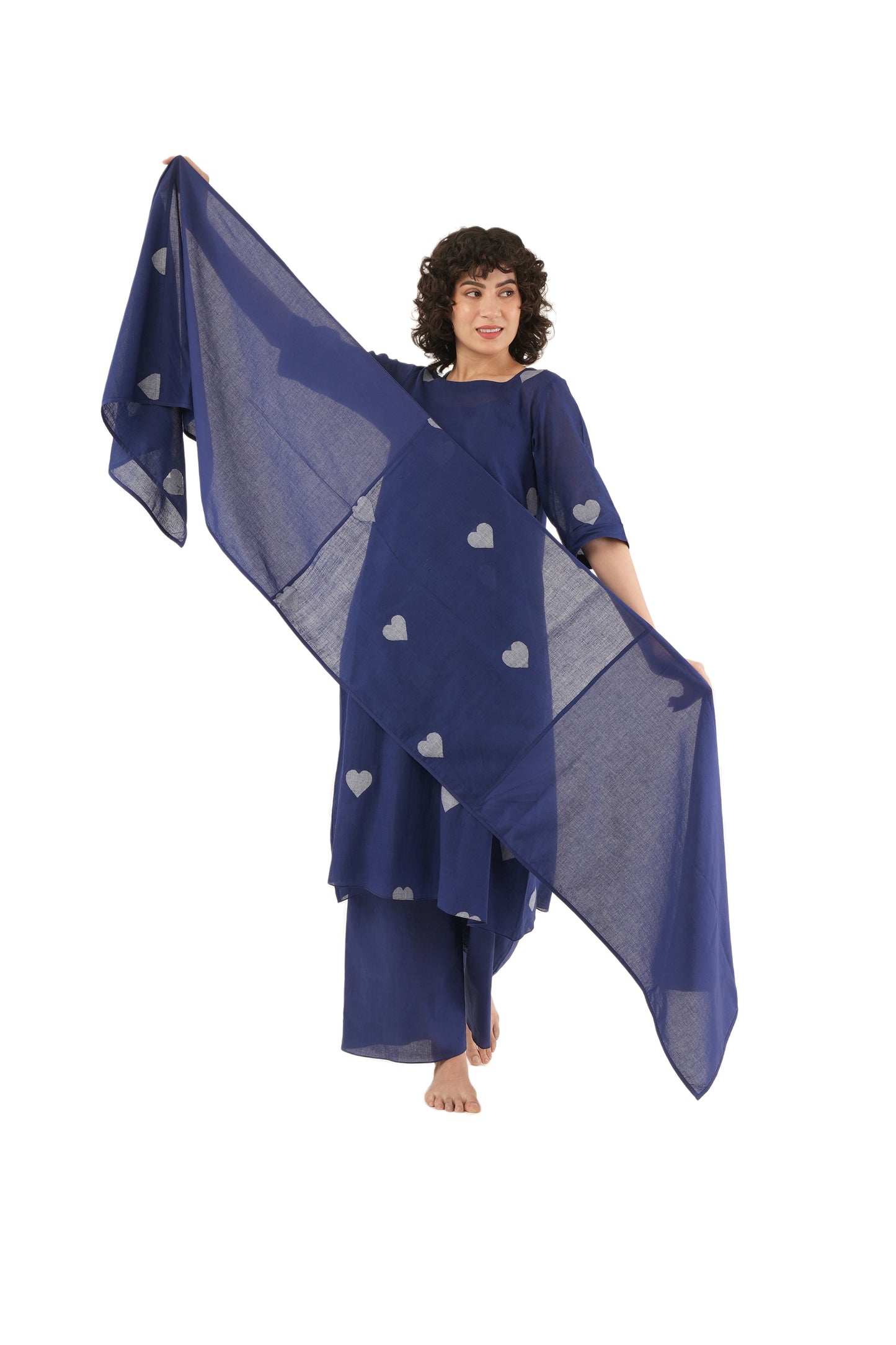 Navy Blue Heart Motif A-line Kurta Co-ord