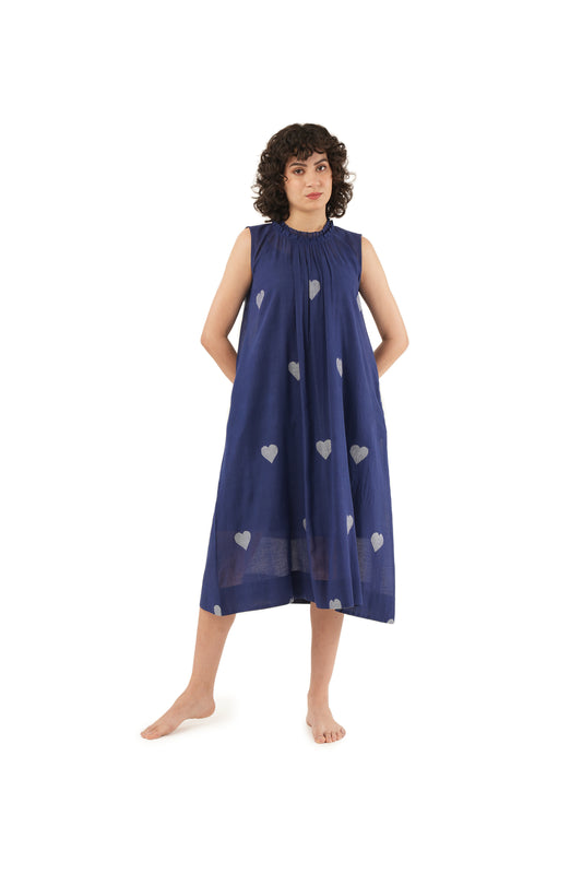 Navy Blue Heart Motif A-line Frill Dress