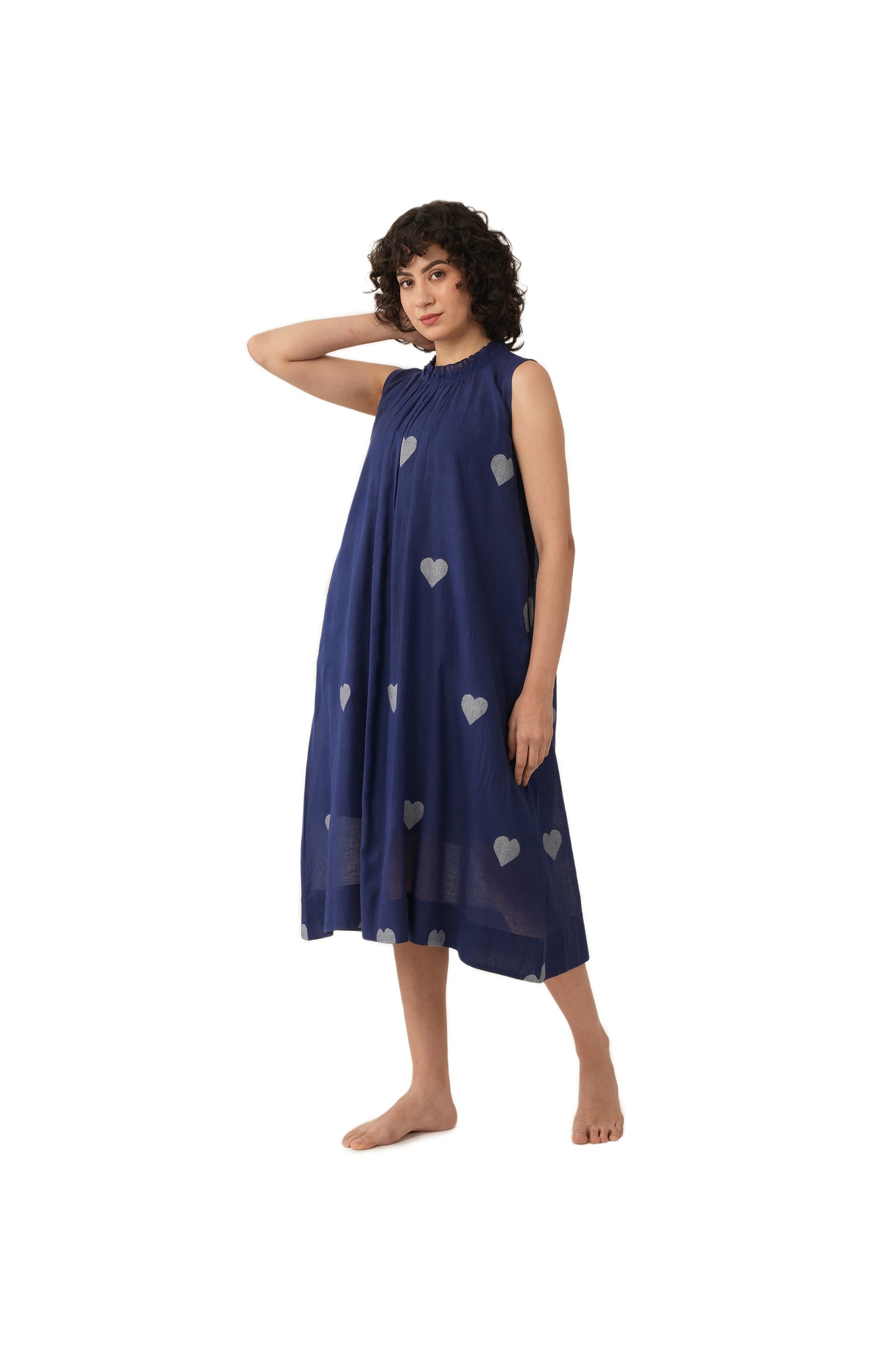 Navy Blue Heart Motif A-line Frill Dress