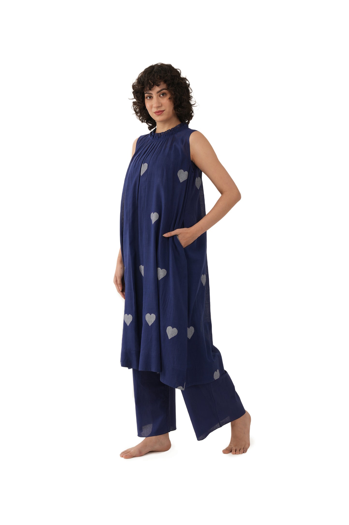 Navy Blue Heart Motif A-line Frill Dress With Bottom