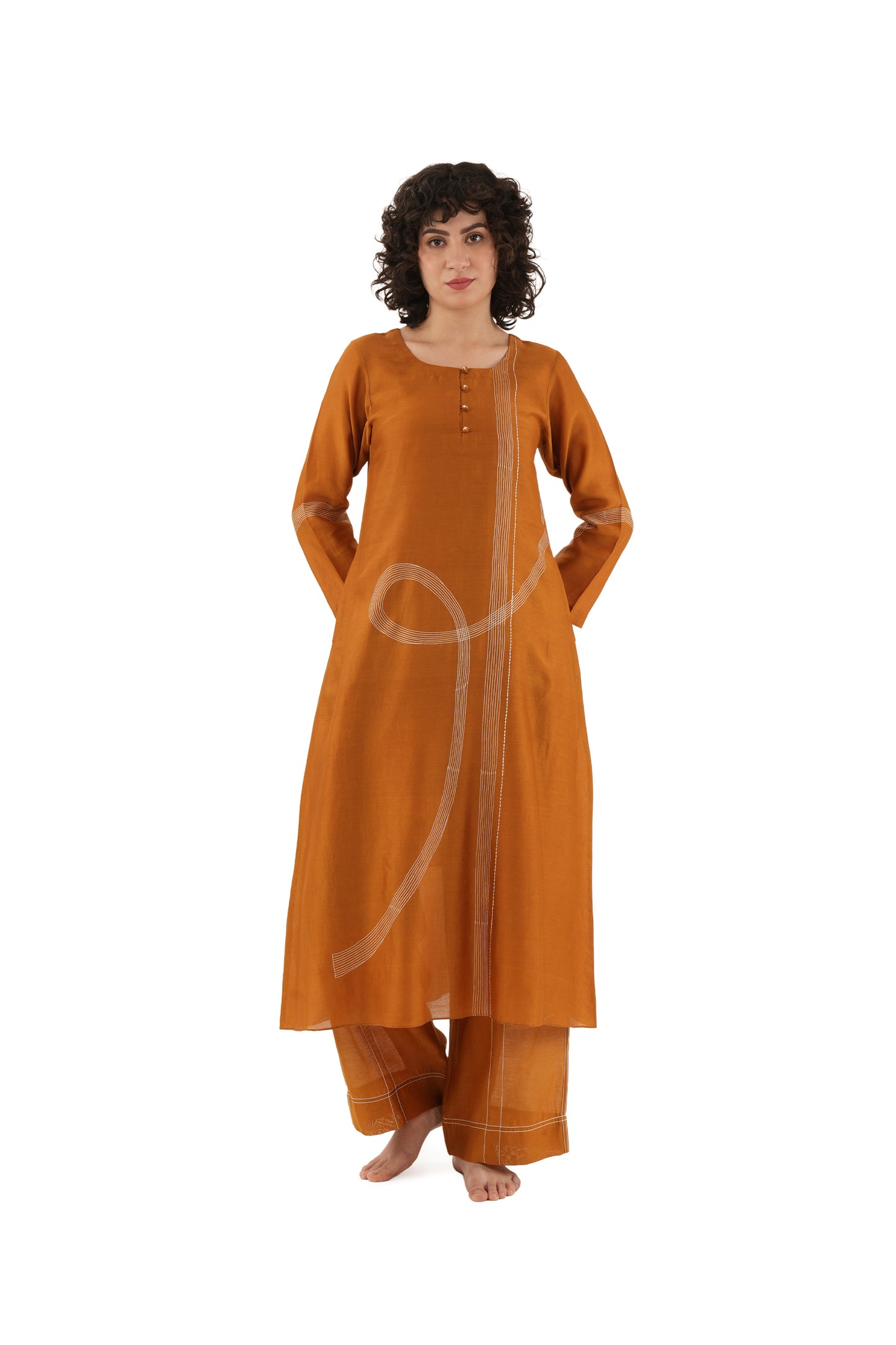 Rust Hand-Embroidered Straight Kurta with Bottom