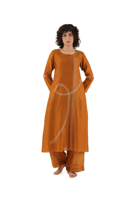 Rust Hand-Embroidered Straight Kurta with Bottom
