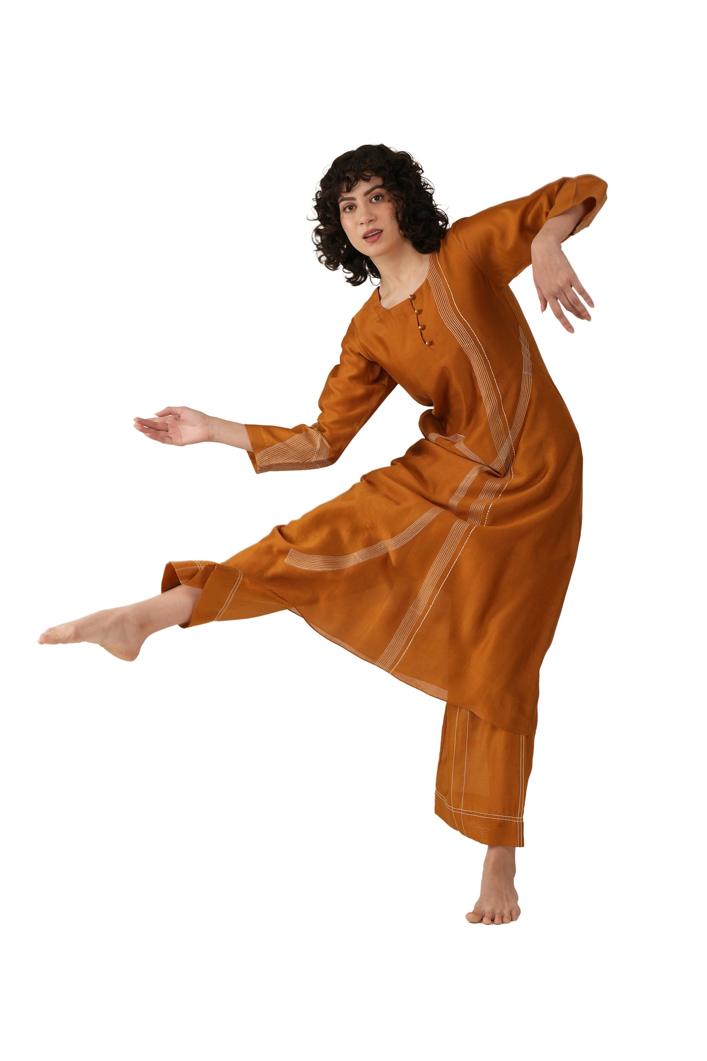 Rust Hand-Embroidered Straight Kurta with Bottom