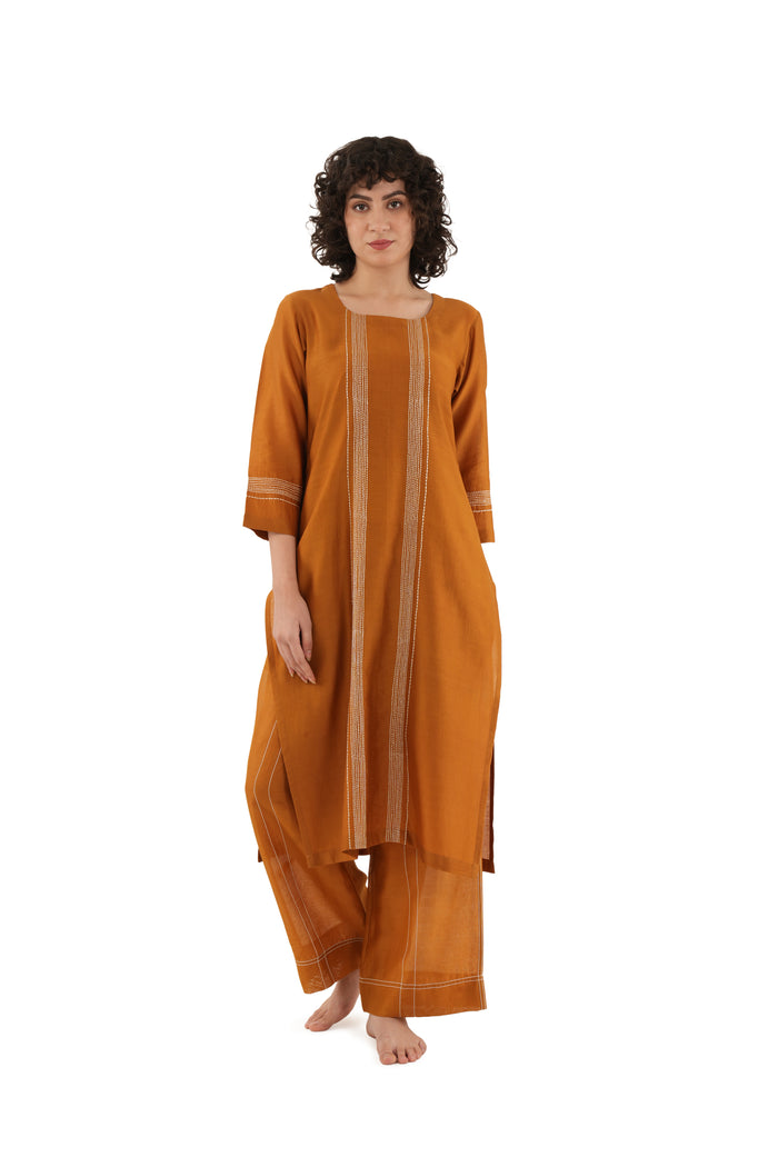 Rust Embroidery Dress With Bottom