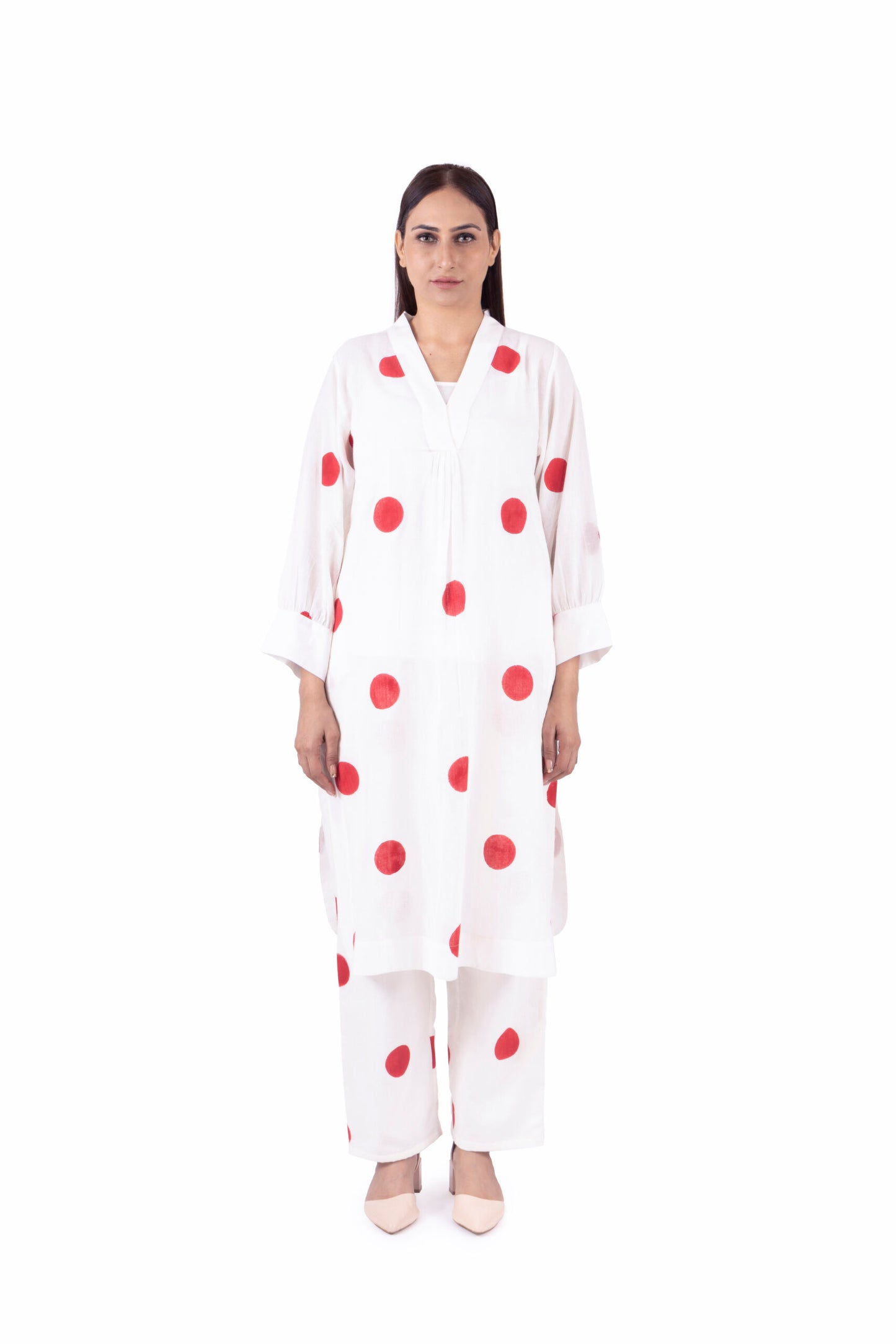 Bright White Red Polka V-Neck Dress Co-ord