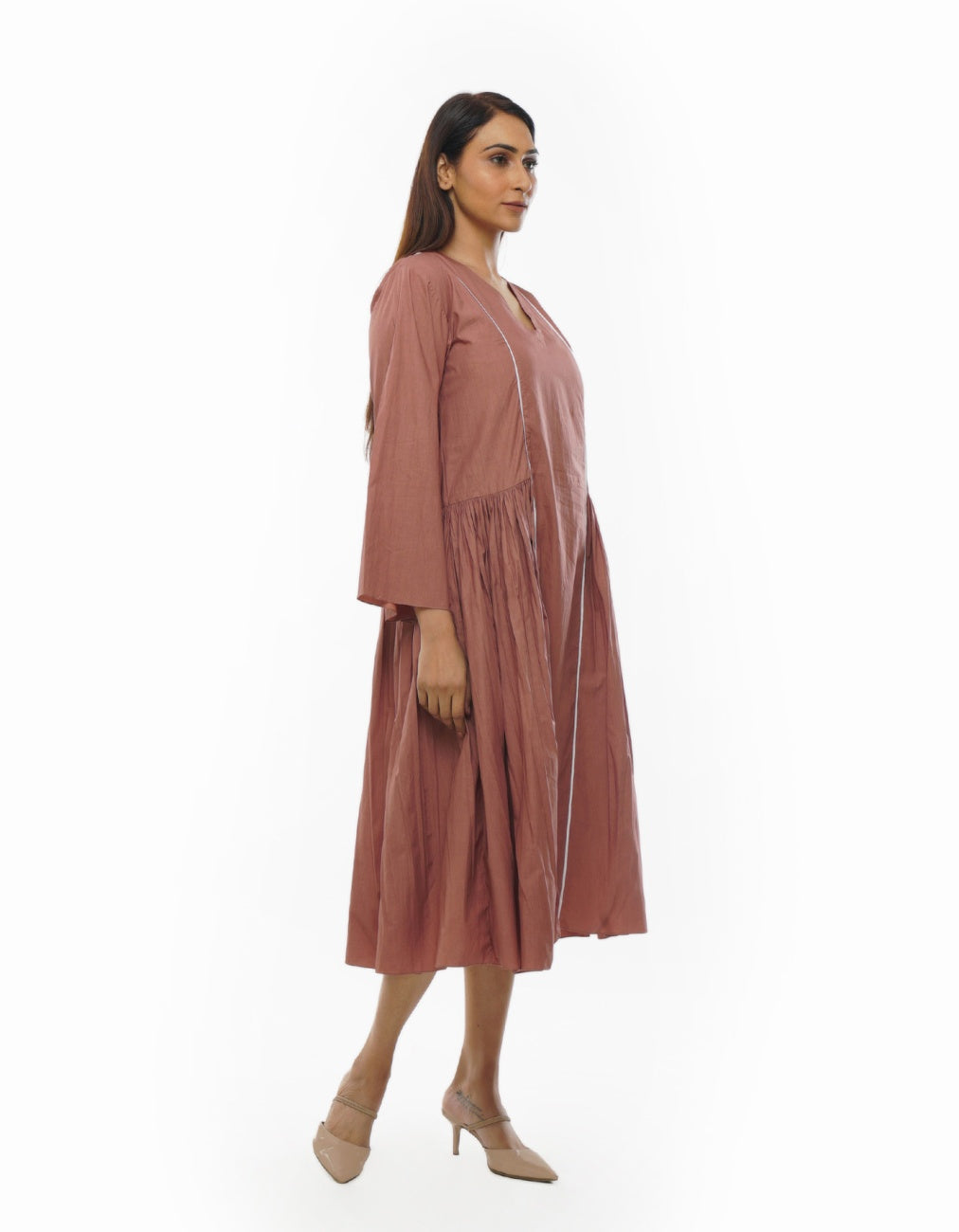 Light Pink V-Neck Pipine Dress